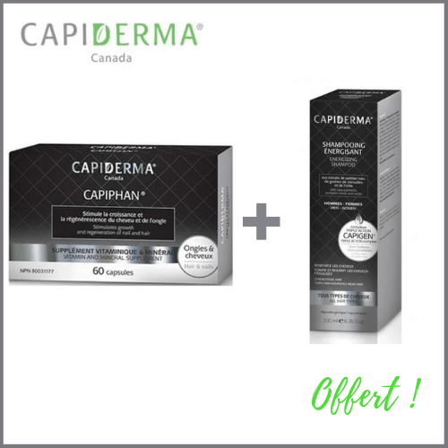 CAPIDERMA Capiphan complément alimentaire 60 gélules + Shampooing énergisant offerte parapharmacie marrakech en ligne Beauté et Visage